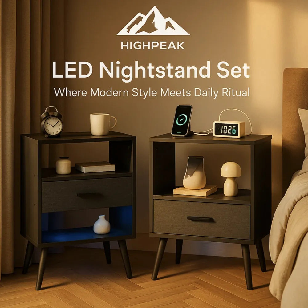 HighPeak Custom LED Nightstands set of 2 in dark wood with blue LED glow, USB charging, and mid-century legs by bed.