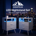 HighPeak Custom LED Nightstands - Set of 2 in gray with blue LED lighting and USB charging in a modern bedroom setting