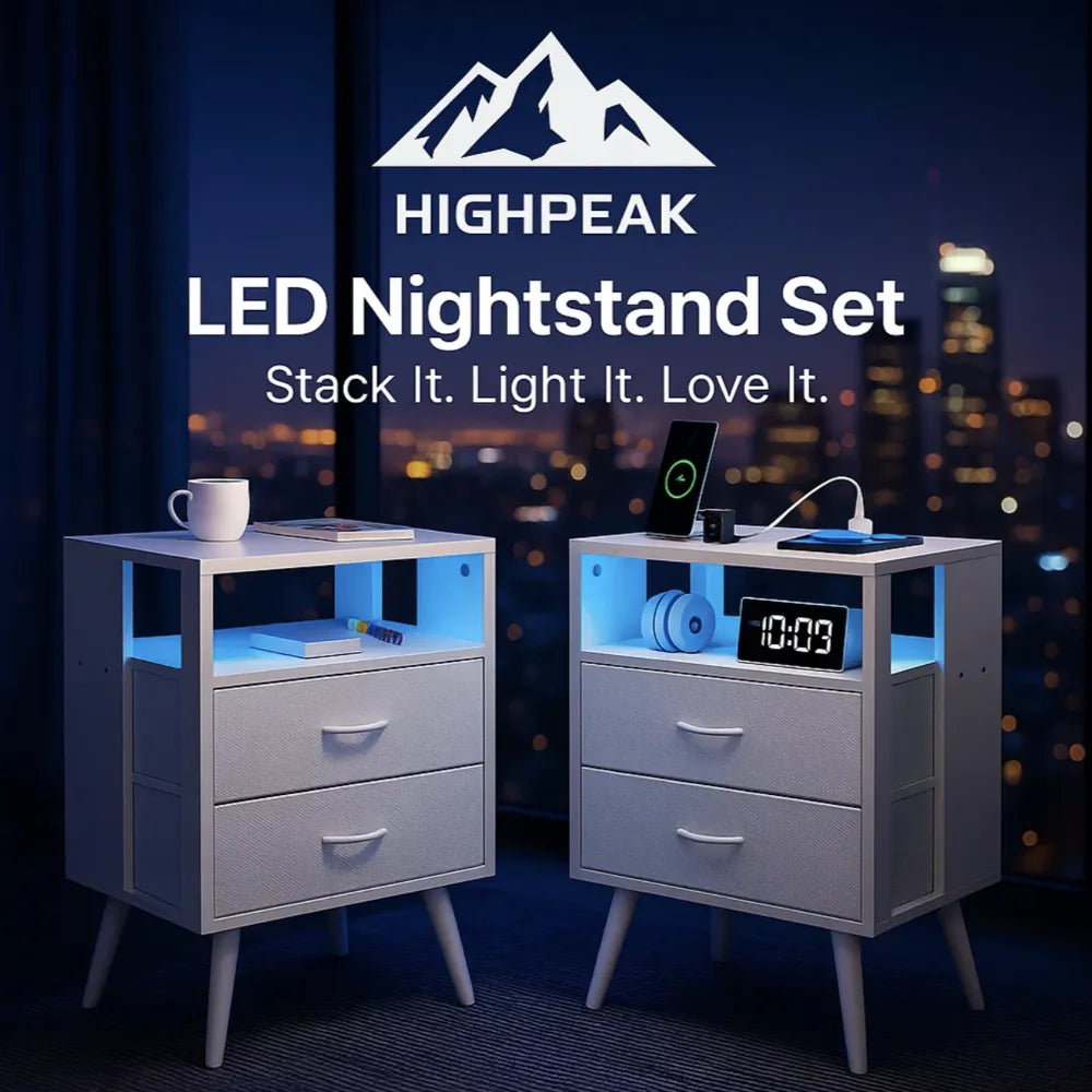 HighPeak Custom LED Nightstands - Set of 2 in gray with blue LED lighting and USB charging in a modern bedroom setting