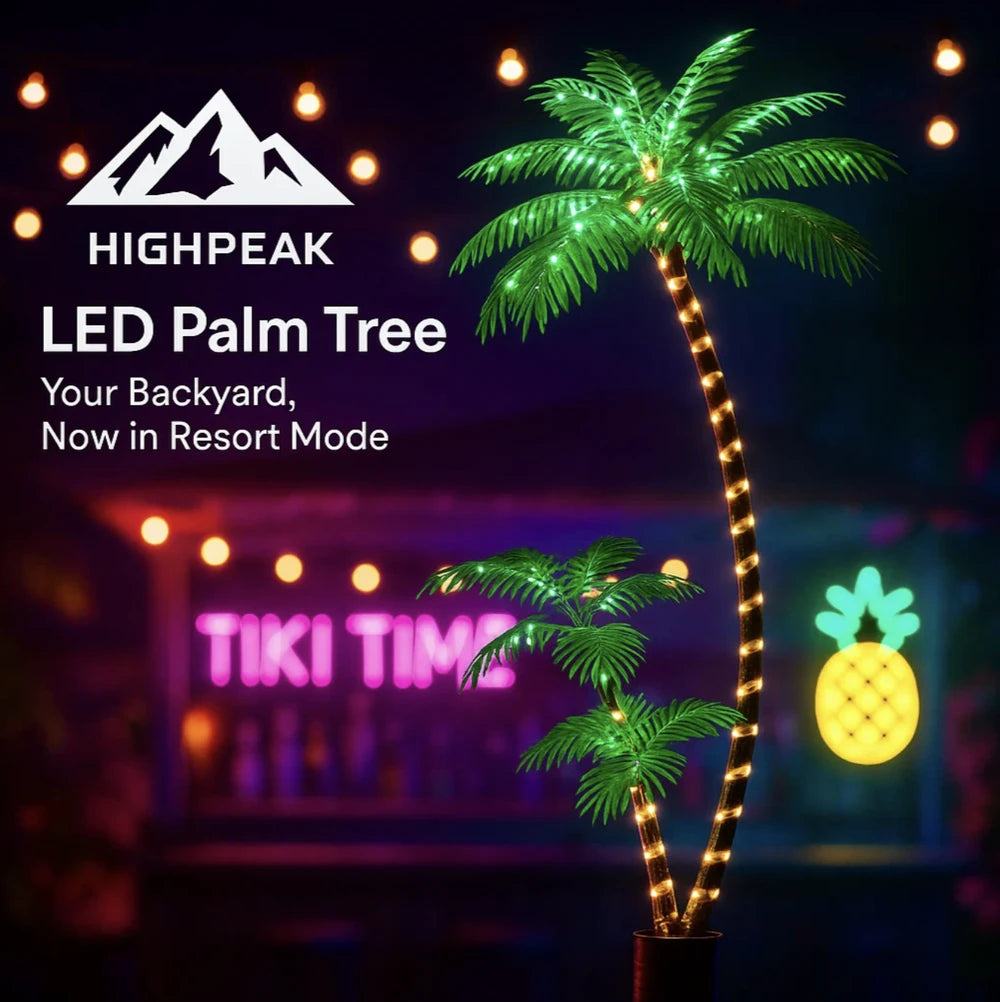 HighPeak LED Palm Tree with glowing green leaves and trunk lights in a vibrant tiki bar backyard setting at night