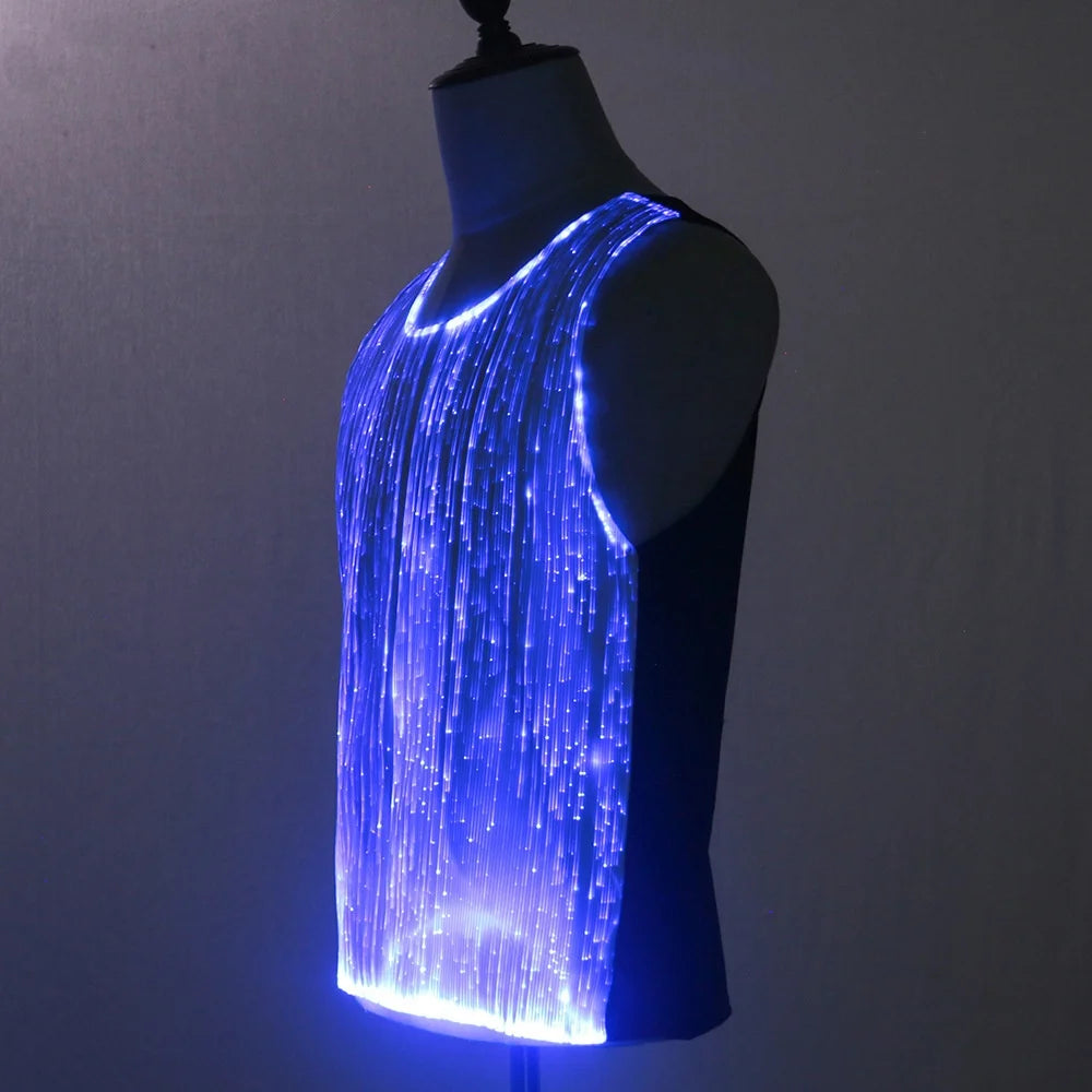 LED Party Tank Top — Blue illuminated front shown at an angle