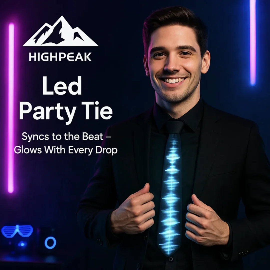 HighPeak LED Party Tie glowing blue and syncing to music worn by smiling man in black suit at party setting