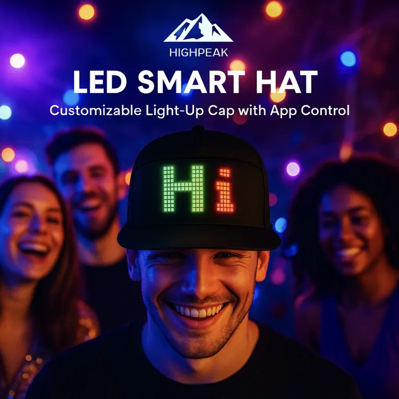 HighPeak LED Smart Hat black cap with customizable green and red "Hi" lights at a night party setting