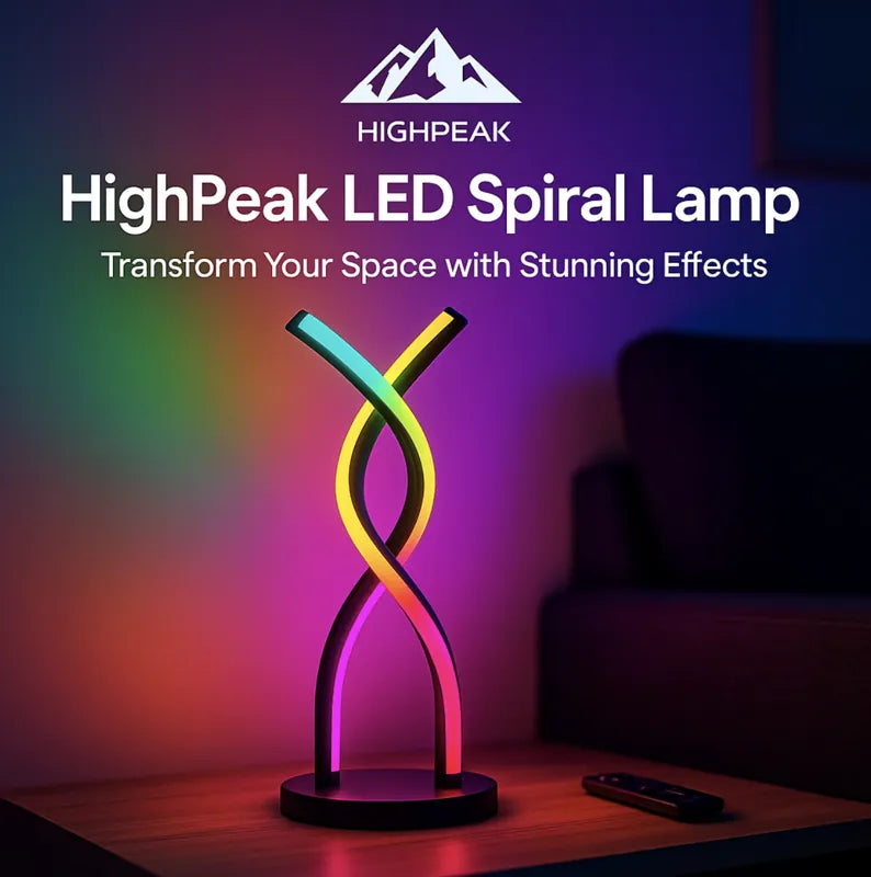 HighPeak LED Spiral Lamp in multicolor with sleek design on wooden table, showcasing vibrant color-changing effects at night.