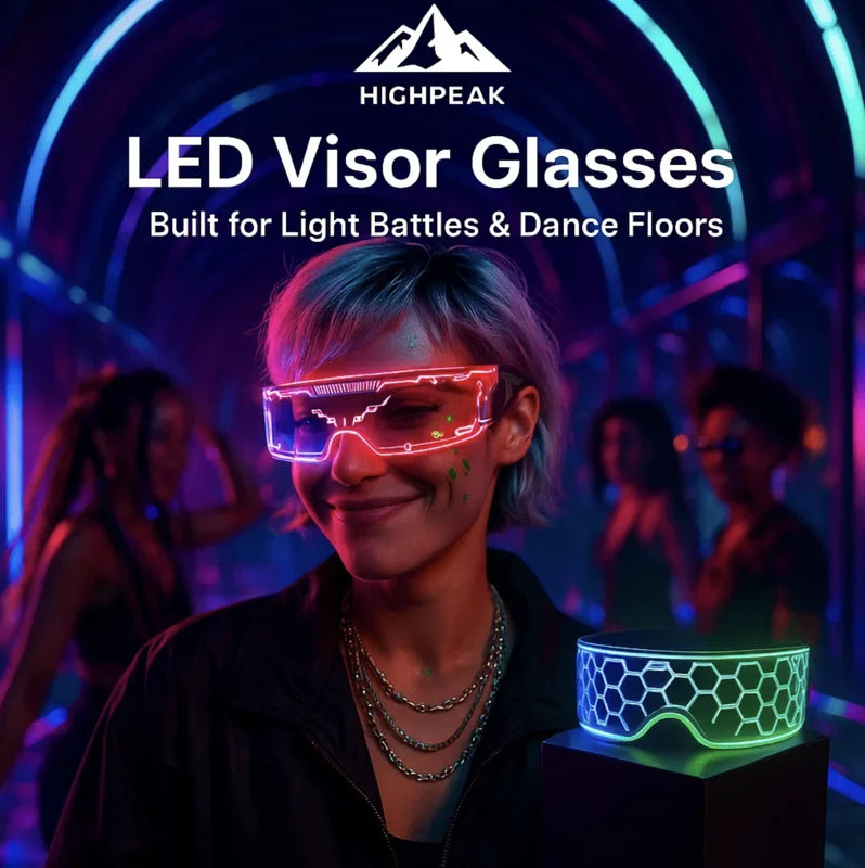 HighPeak LED Visor Glasses 2-Pack glowing pink and green with tech circuit and honeycomb styles in a dance party setting
