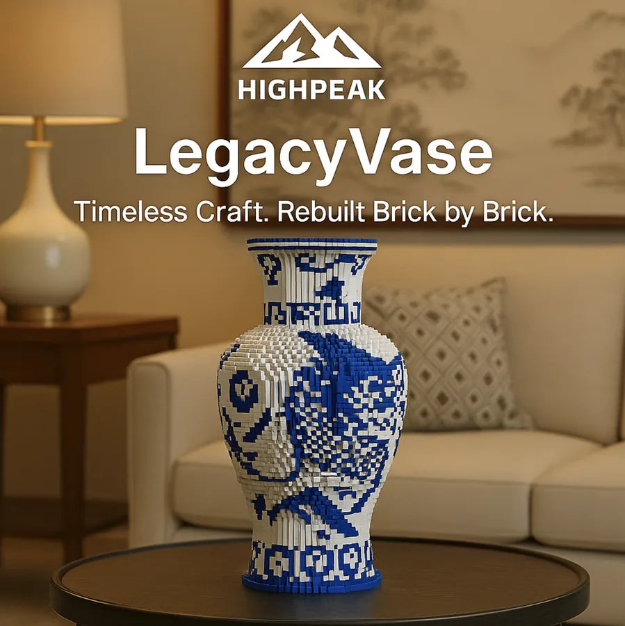 HighPeak LegacyVase micro brick sculpture in blue and white on a table in a cozy living room setting