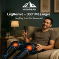 HighPeak LegRevive™ - 360° Massager black leg wrap with heat and remote, man relaxing on beige couch
