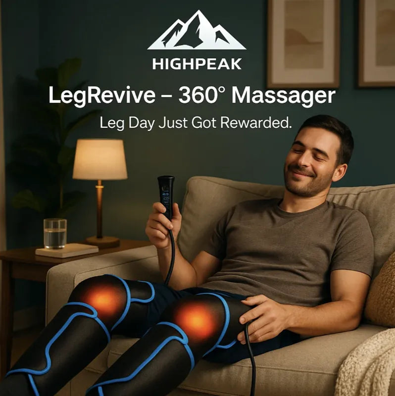 HighPeak LegRevive™ - 360° Massager black leg wrap with heat and remote, man relaxing on beige couch