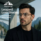 HighPeak Leopard Luxe Shades with gold leopard hinges worn by man in black jacket against mountain background