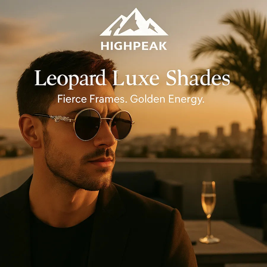 HighPeak Leopard Luxe Shades with gold leopard hinges and gradient lenses worn by man at sunset rooftop bar
