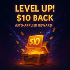 Get $10 Back – August Offer with glowing treasure chest and coins, HighPeak rewards auto-applied in dark background zone