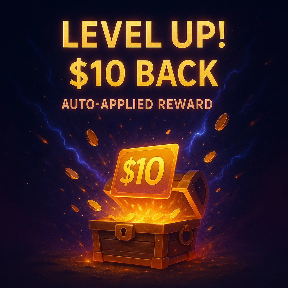 Get $10 Back – August Offer with glowing treasure chest and coins, HighPeak rewards auto-applied in dark background zone