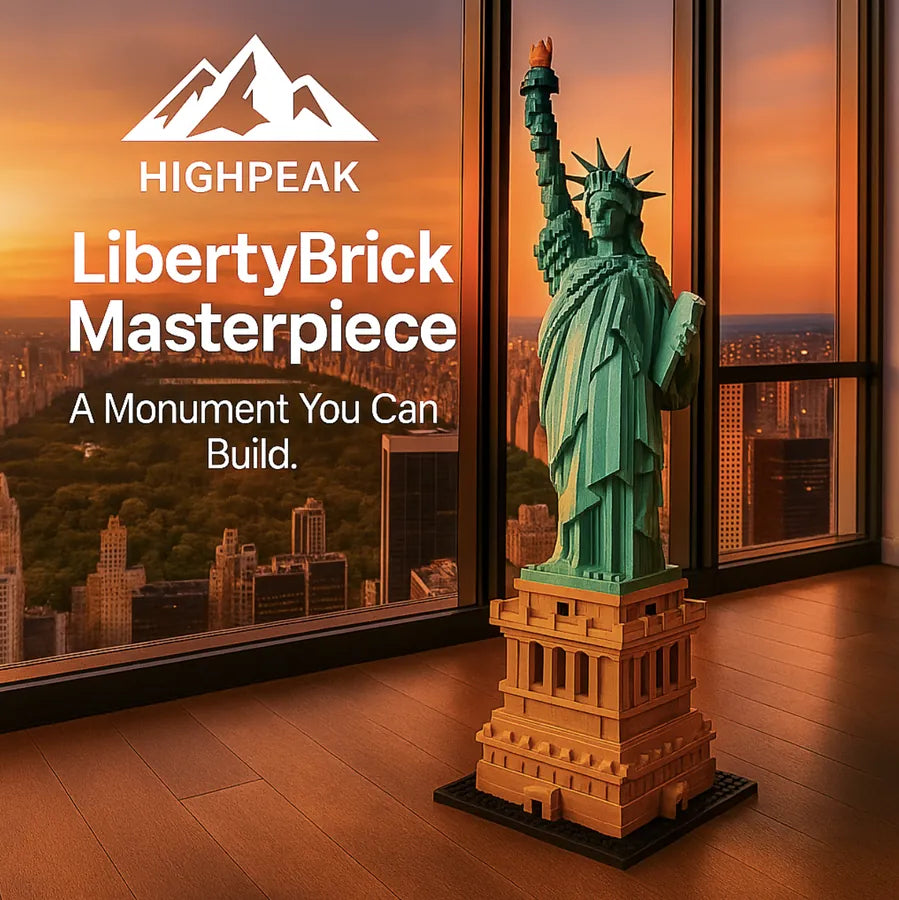 HighPeak LibertyBrick Masterpiece detailed micro brick Statue of Liberty model with pedestal on wooden floor at sunset