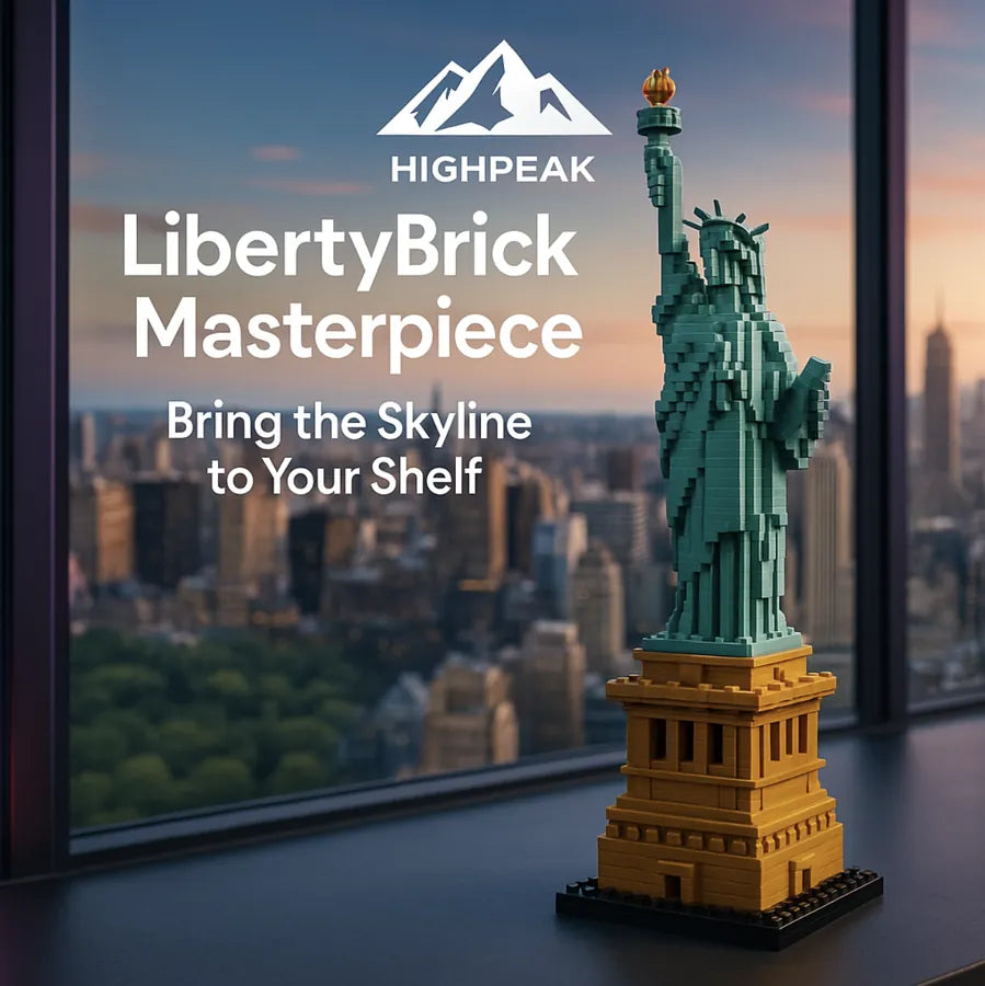 HighPeak LibertyBrick Masterpiece micro brick Statue of Liberty model with pedestal displayed by a city skyline window