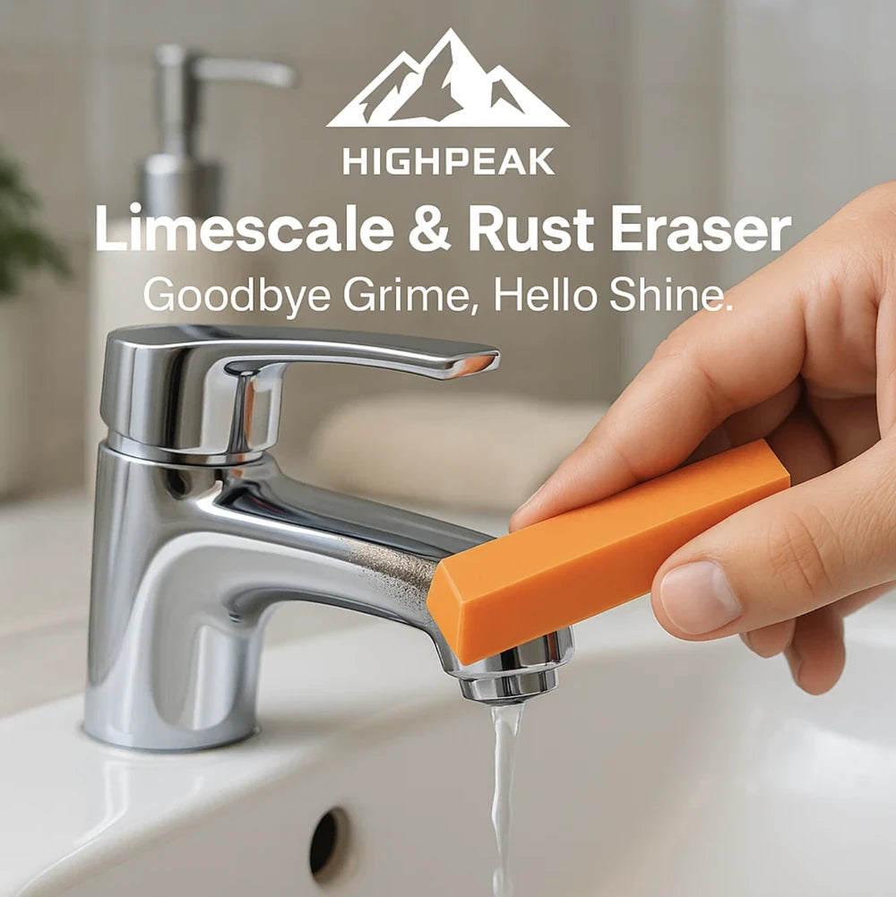 HighPeak Rust & Limescale Cleaning Eraser in orange wiping chrome faucet to remove grime and water spots effortlessly