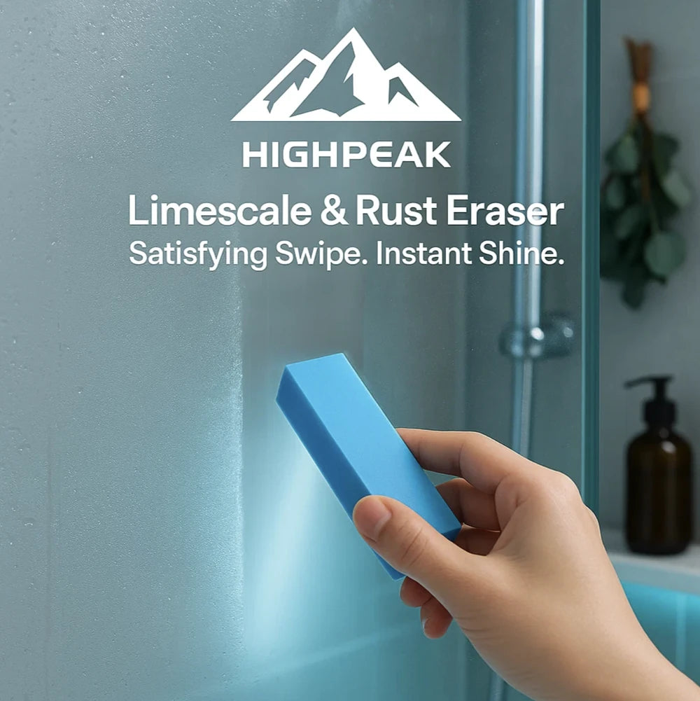 HighPeak Rust & Limescale Cleaning Eraser in blue used on glass shower wall for instant rust and limescale removal.