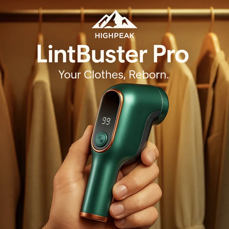 HighPeak LintBuster Pro green cordless fabric shaver held in hand in front of beige clothes on wooden hanger