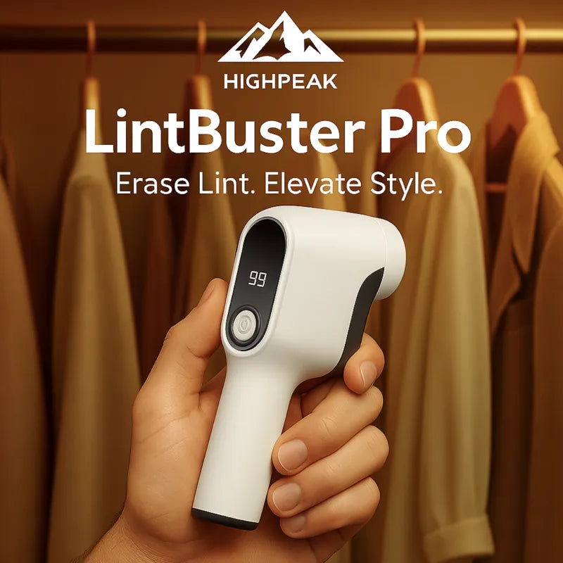 HighPeak LintBuster Pro white cordless fabric shaver with digital display held near hanging brown coats.