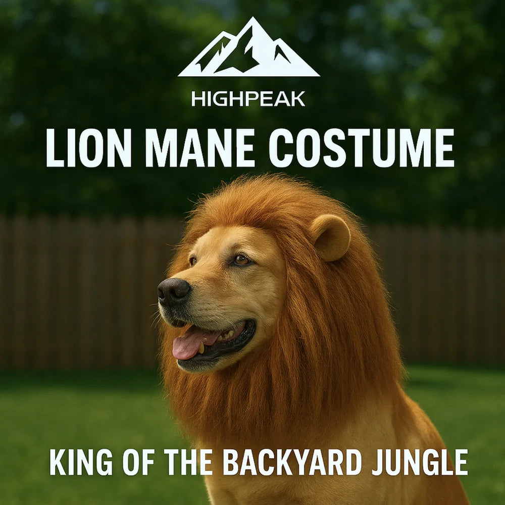 HighPeak Lion Mane Dog Costume on golden retriever outdoors, fluffy brown mane, adjustable fit, king of the backyard jungle