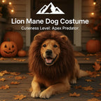 HighPeak Lion Mane Dog Costume with fluffy brown mane on happy dog in autumn setting with pumpkins