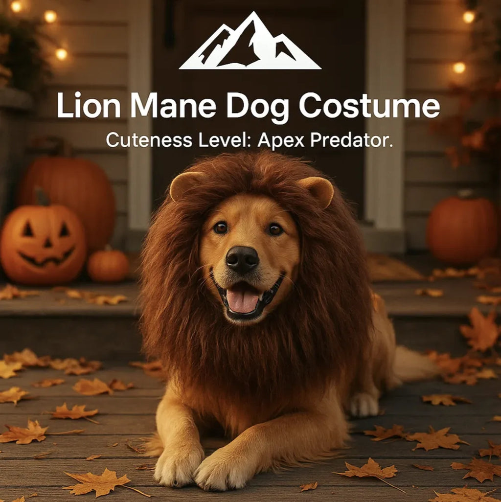 HighPeak Lion Mane Dog Costume on happy golden retriever with autumn leaves and pumpkins background