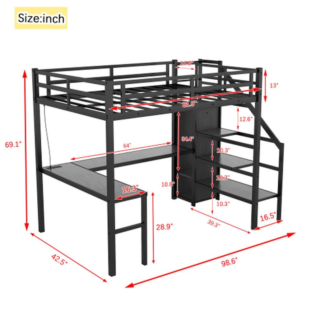 HighPeak Loft Bed with L-Shaped Desk in black metal frame with built-in shelves and workspace dimensions shown