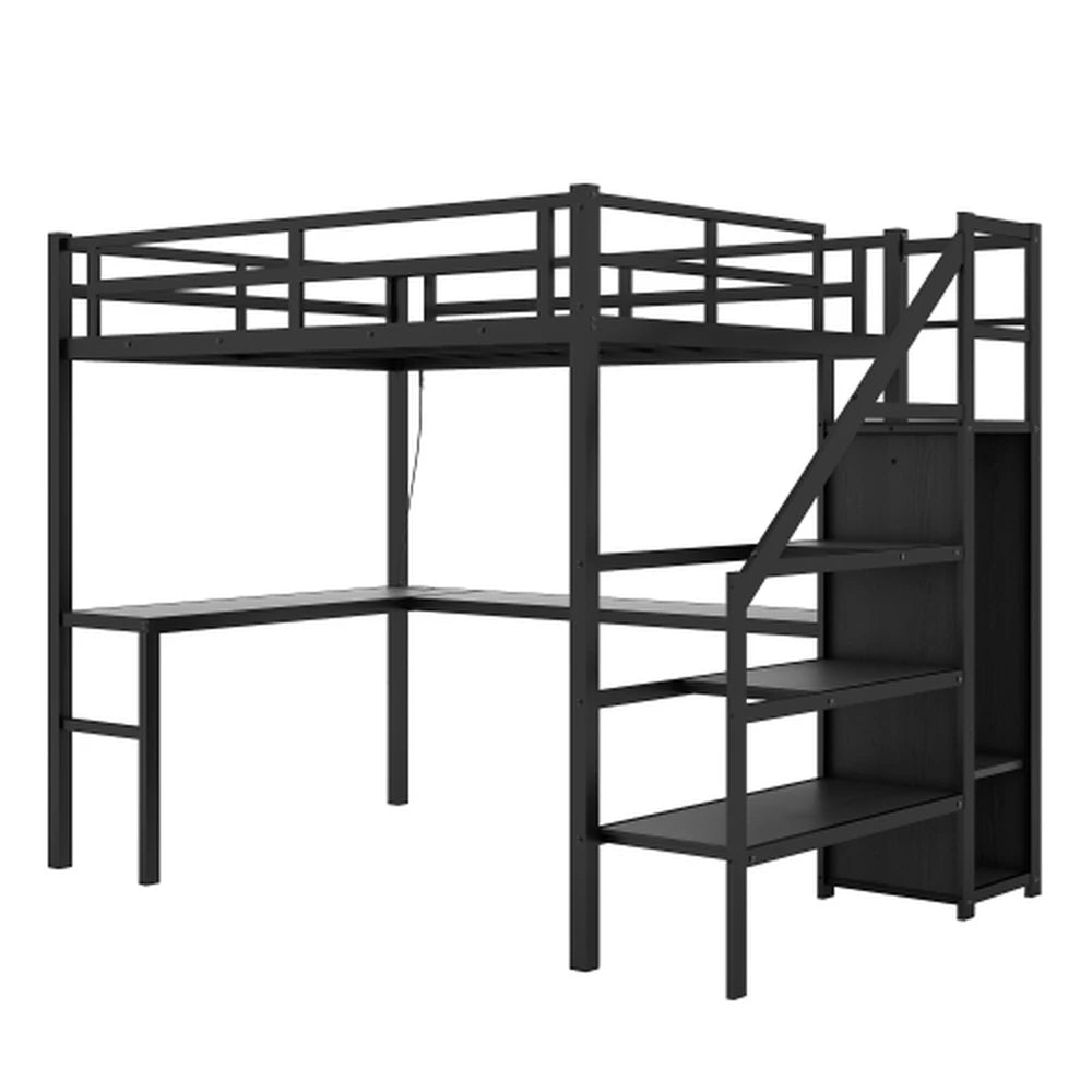 HighPeak Loft Bed with L-Shaped Desk in black metal frame with stairs and built-in storage for space-saving bedroom setup