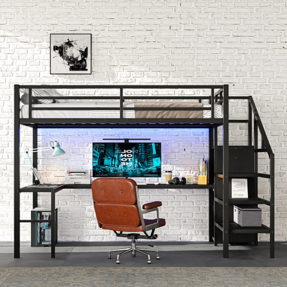 HighPeak Loft Bed with L-Shaped Desk in black metal frame with LED lights, workspace, and storage in modern room setting