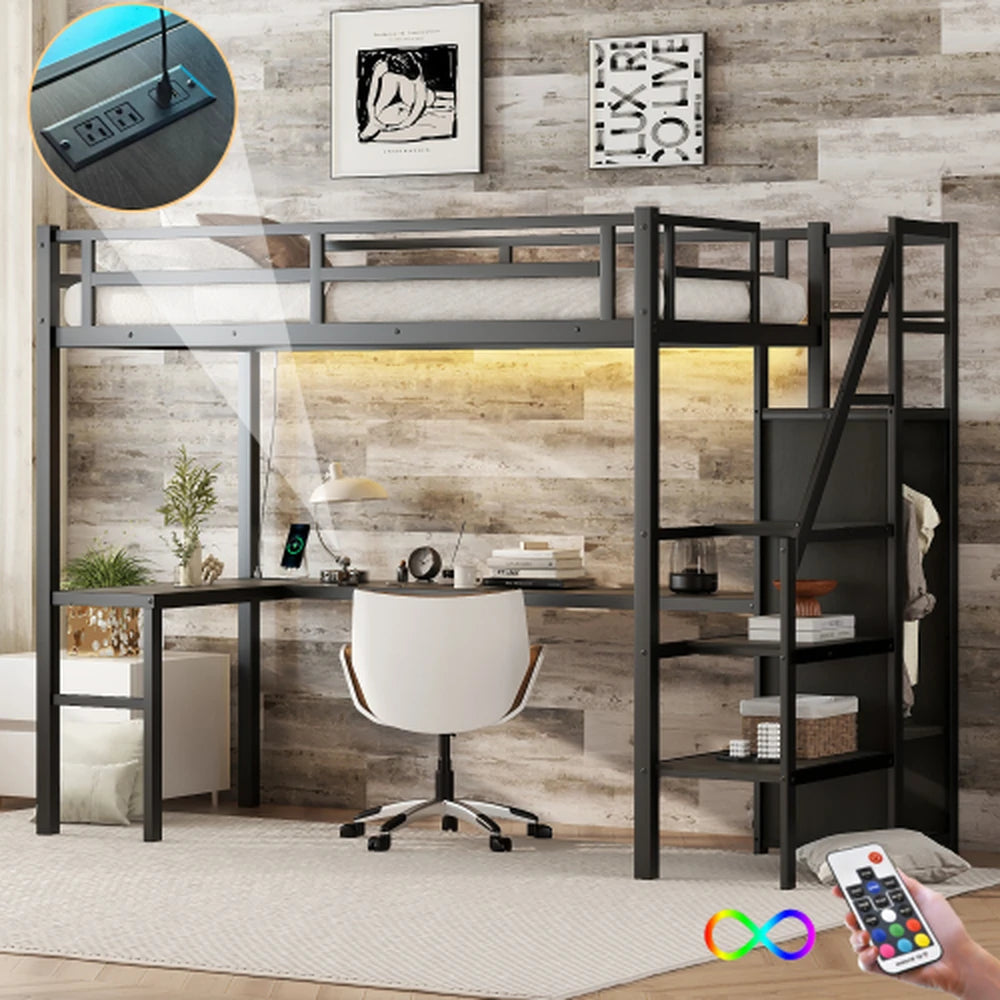 HighPeak Loft Bed with L-Shaped Desk in black metal frame with built-in USB ports, LED lights, and workspace setup in modern room.