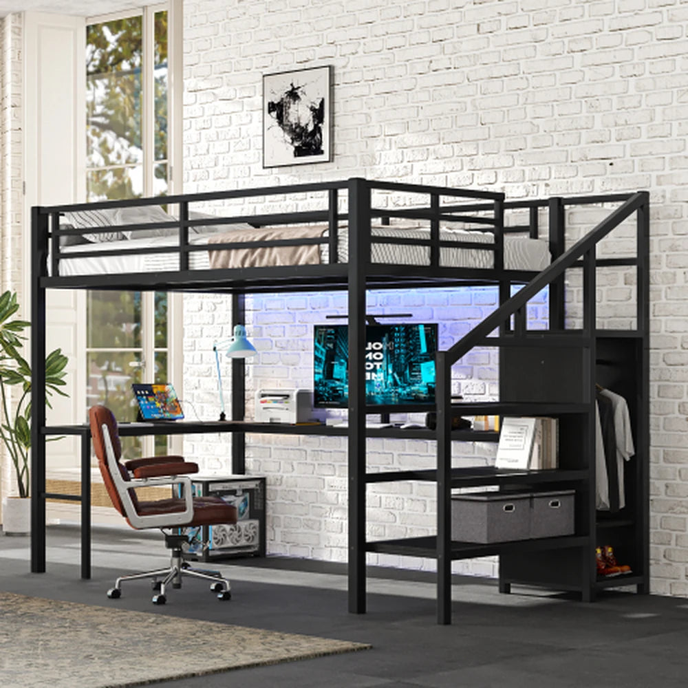 HighPeak Loft Bed with L-Shaped Desk in black metal frame with LED lights, workspace, storage shelves, and stairs in a modern room.