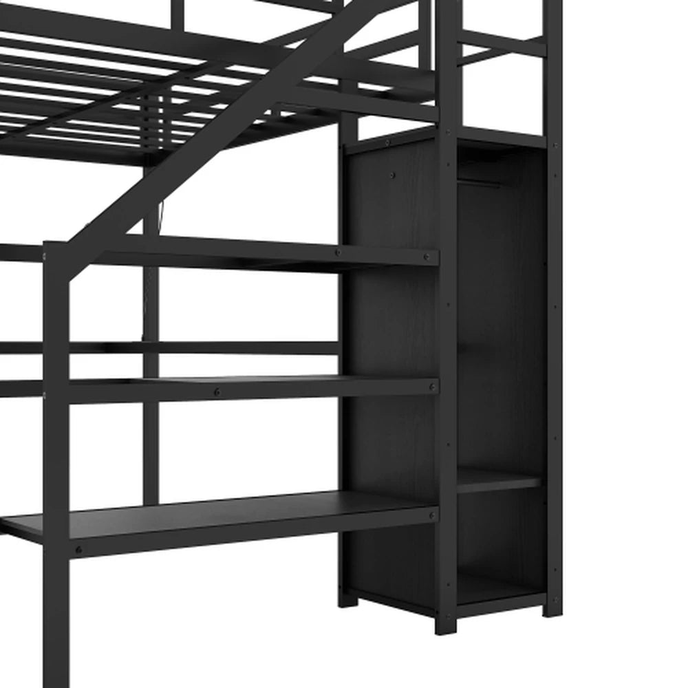 HighPeak Loft Bed with L-Shaped Desk in black metal frame featuring built-in wardrobe shelf for storage and space-saving design