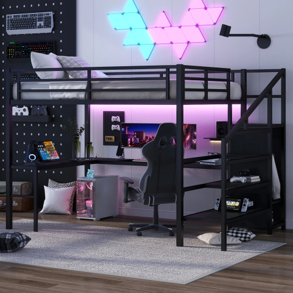 HighPeak Loft Bed with L-Shaped Desk in black metal frame with LED lights, gaming chair, and organized workspace below