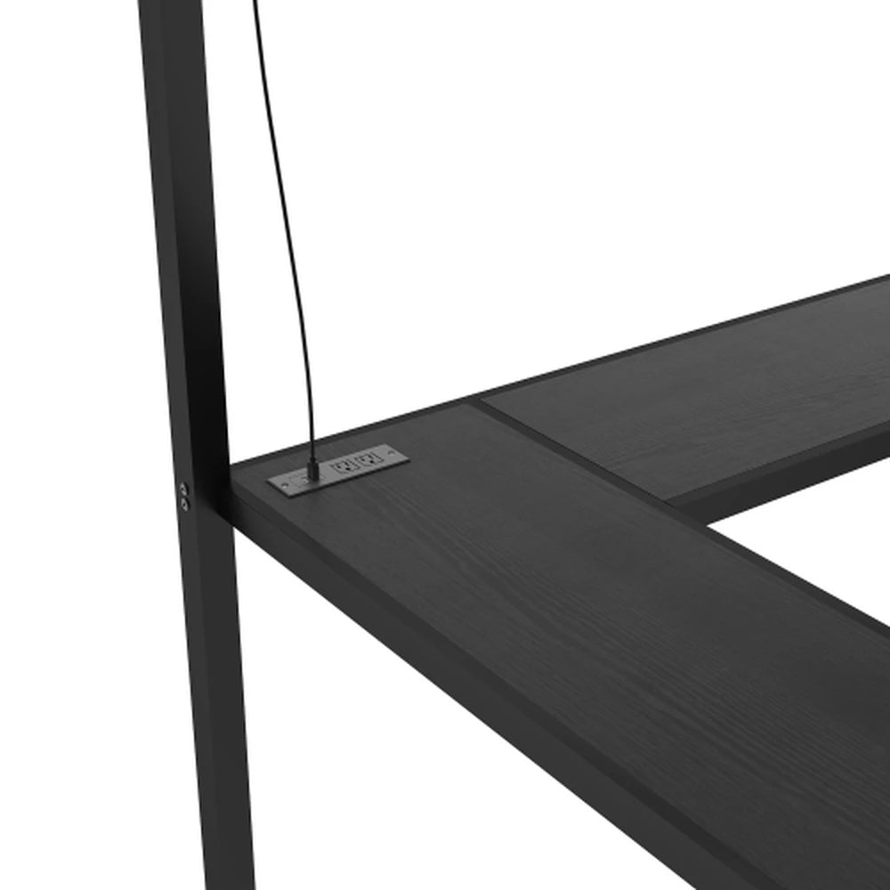 HighPeak Loft Bed with L-Shaped Desk in black metal frame showing built-in USB charging ports on the desk surface