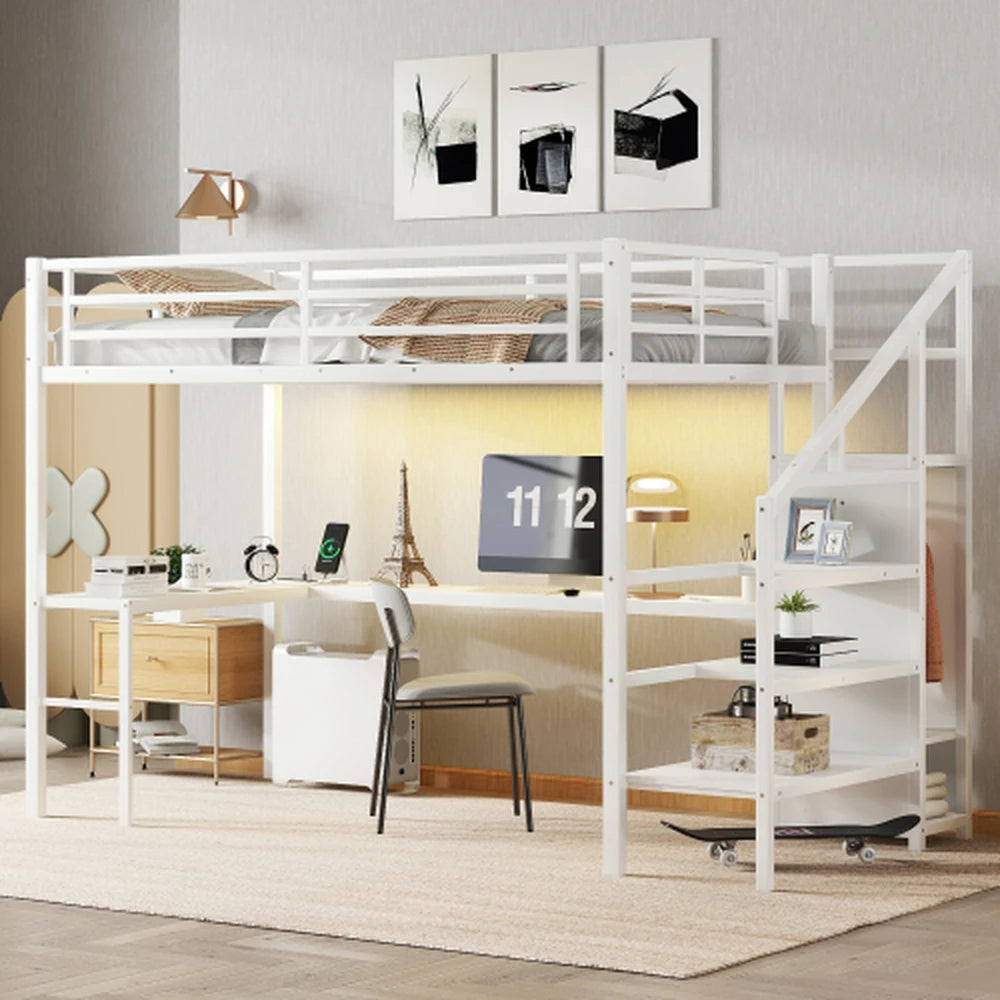HighPeak Loft Bed with L-Shaped Desk in white metal frame with workspace and built-in shelves in a modern room setting