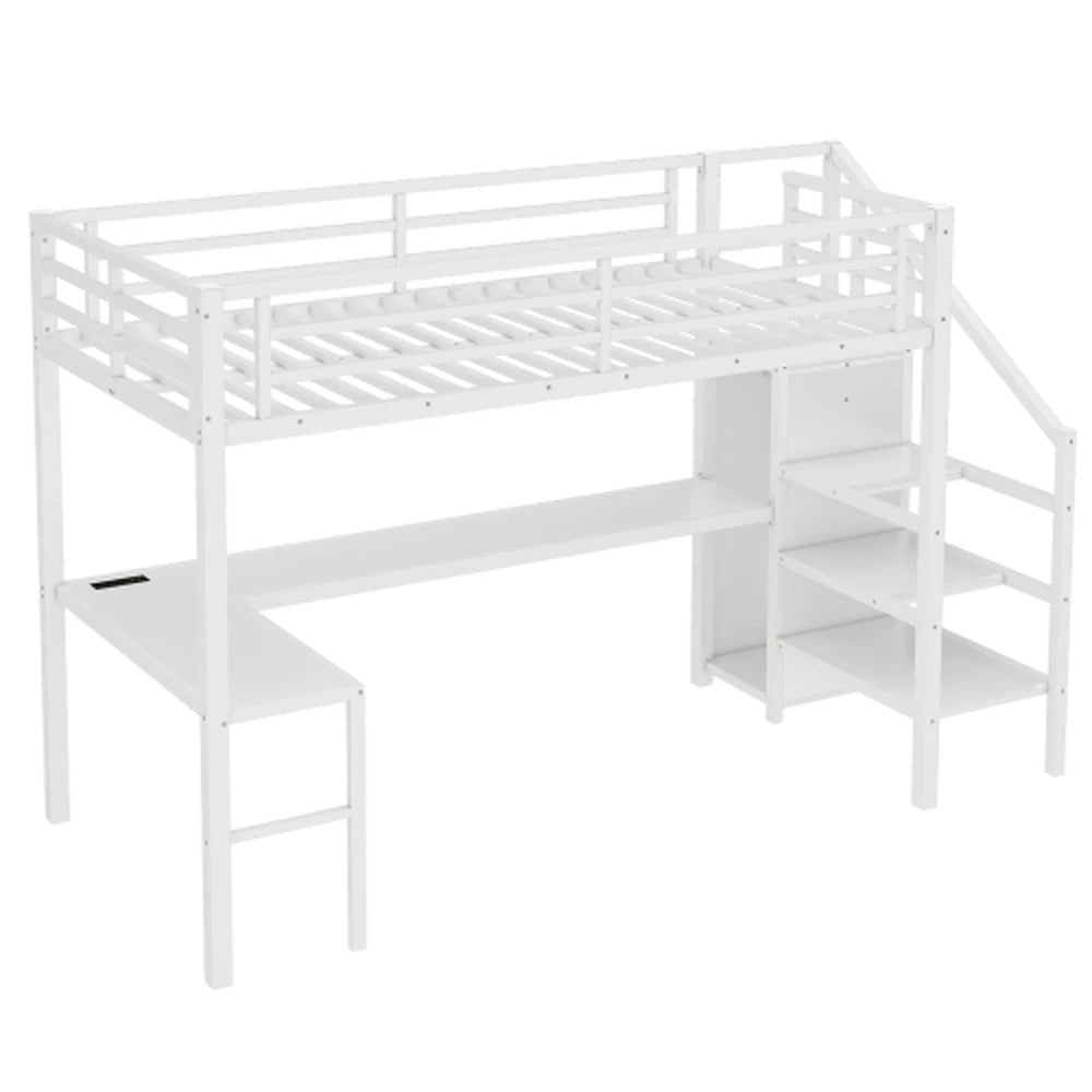 HighPeak Loft Bed with L-Shaped Desk in white featuring built-in USB ports, storage shelves, and space-saving design for work and sleep.