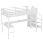 HighPeak Loft Bed with L-Shaped Desk in white featuring built-in USB ports, storage shelves, and space-saving design for work and sleep.