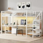 HighPeak Loft Bed with L-Shaped Desk in white metal frame with built-in shelves, workspace, and cozy bedroom setup