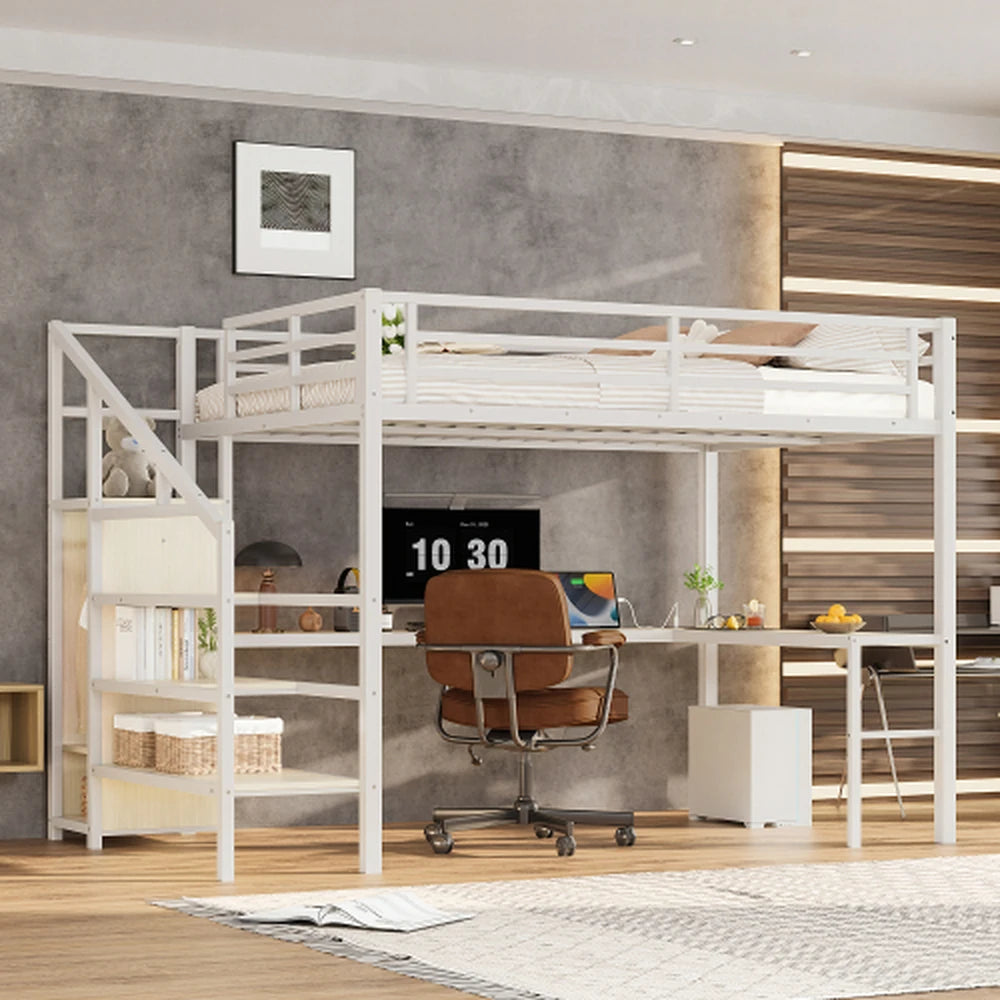 HighPeak Loft Bed with L-Shaped Desk in white metal frame, featuring workspace, stairs, and storage in modern room setting
