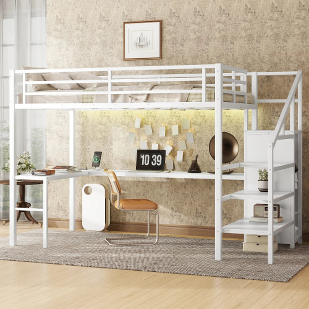 HighPeak Loft Bed with L-Shaped Desk in white metal frame with built-in shelves and workspace in modern room setting