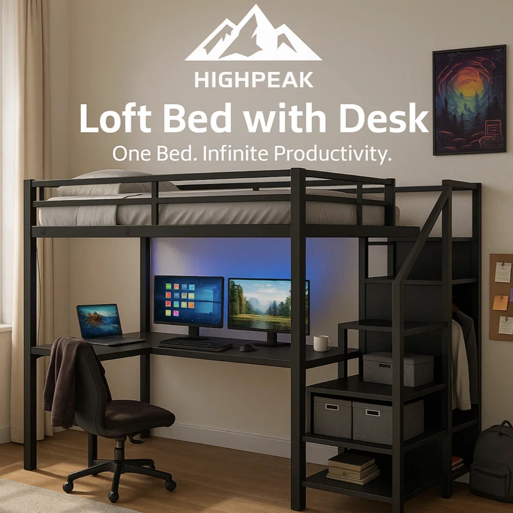 HighPeak Loft Bed with L-Shaped Desk in black metal frame with dual monitors and organized workspace in bedroom