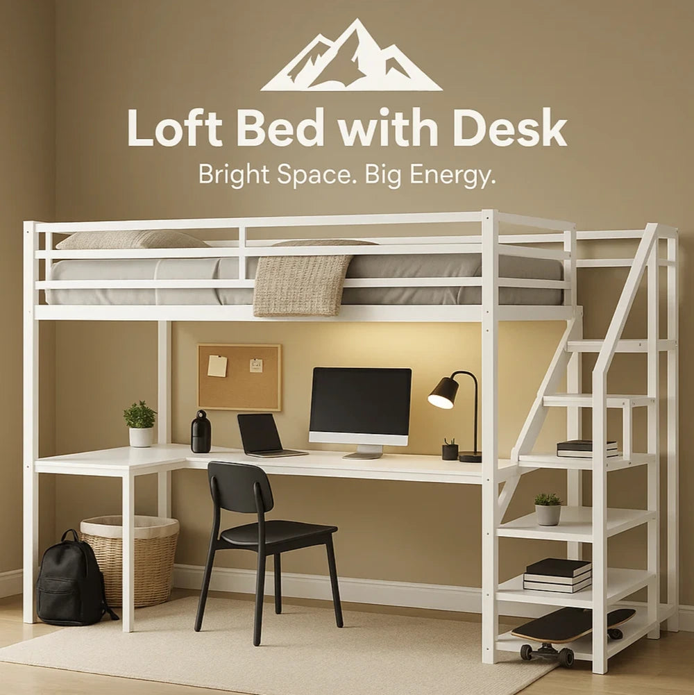 HighPeak Loft Bed with L-Shaped Desk in white metal frame, featuring workspace, stairs, and storage shelves in a bright room.