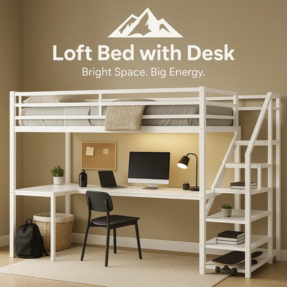 HighPeak Loft Bed with L-Shaped Desk in white metal frame with built-in shelves and workspace in bright room