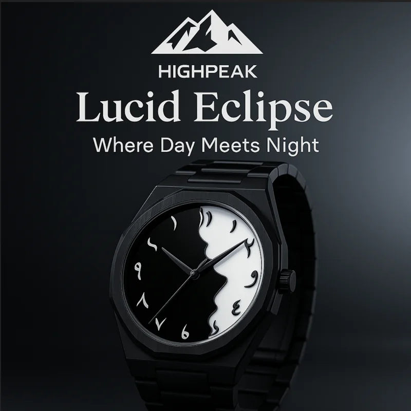 HighPeak Eclipse Royale™ gold dial watch with black and white split-tone dial and Arabic numerals on stainless steel band