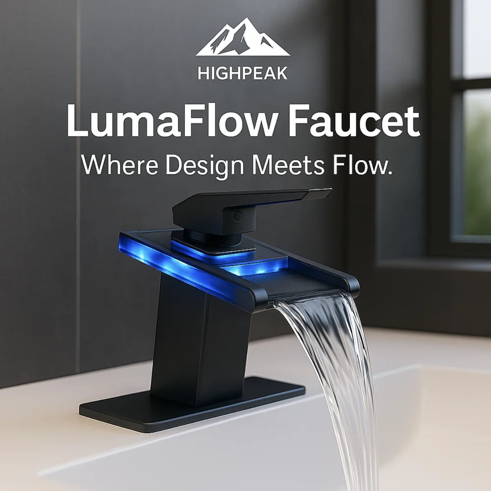 HighPeak LumaFlow LED Faucet with blue LED glow and open glass spout flowing water in modern bathroom sink