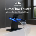 HighPeak LumaFlow LED Faucet with blue LED glow and open glass spout flowing water in modern bathroom sink