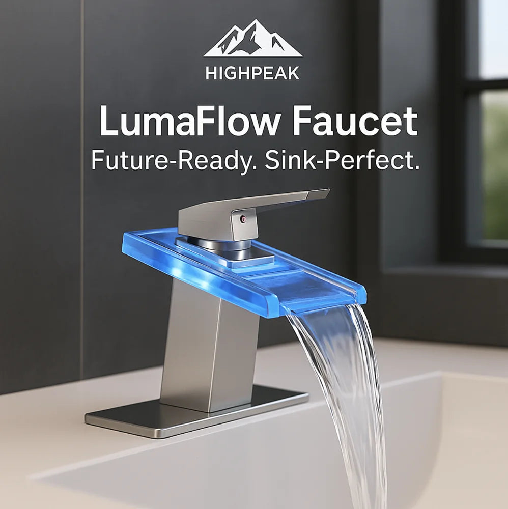 HighPeak LumaFlow LED Faucet with blue glowing open glass spout flowing water in modern bathroom sink