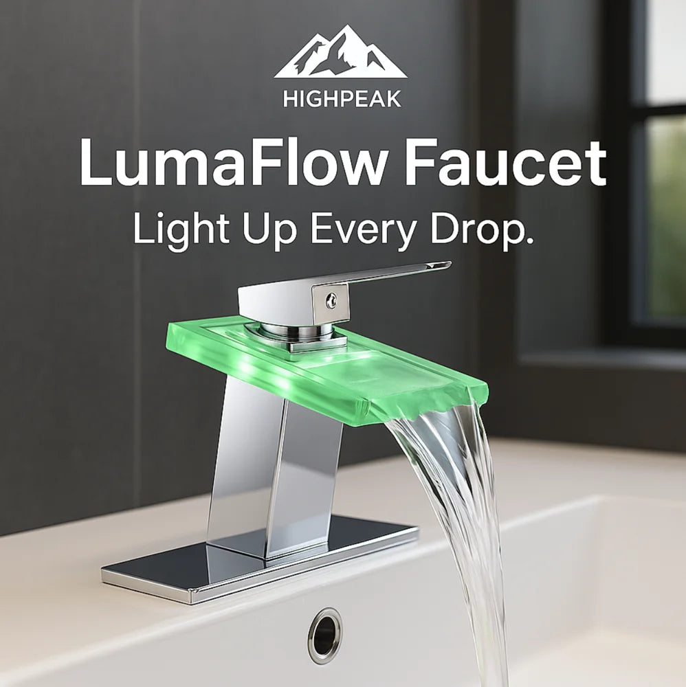 HighPeak LumaFlow LED Faucet with green glowing glass spout flowing water in modern bathroom sink setup