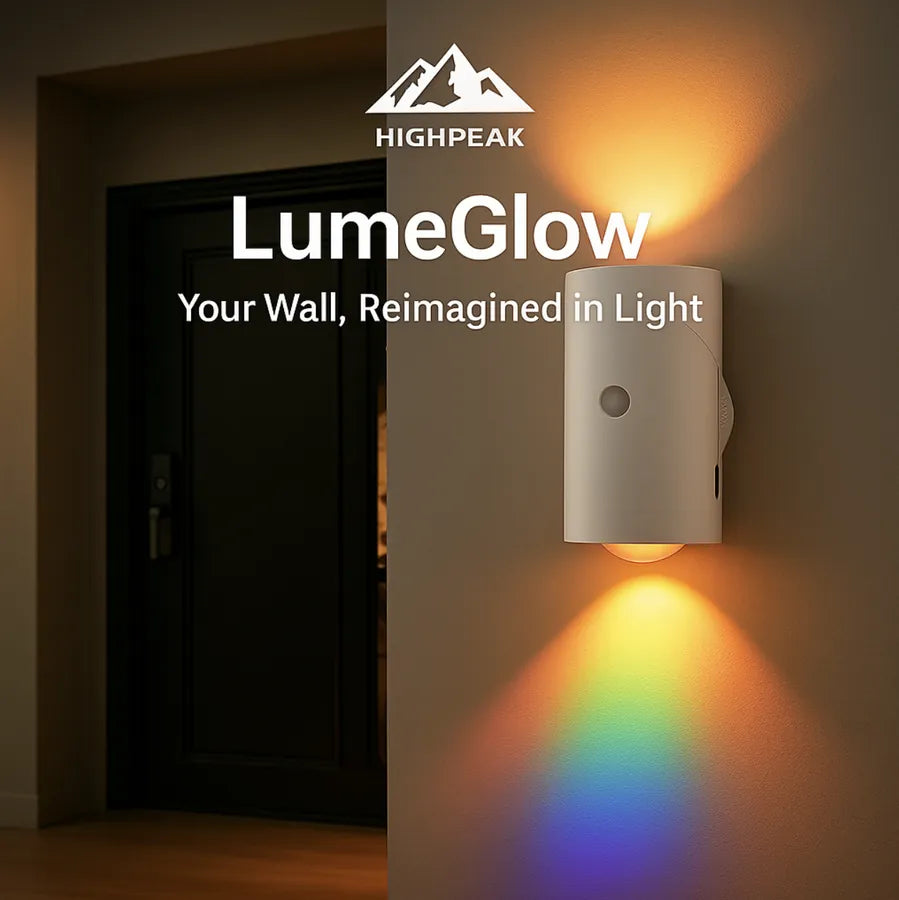 HighPeak LumeGlow motion-activated color-shifting wall sconce casts soft rainbow light in hallway at night