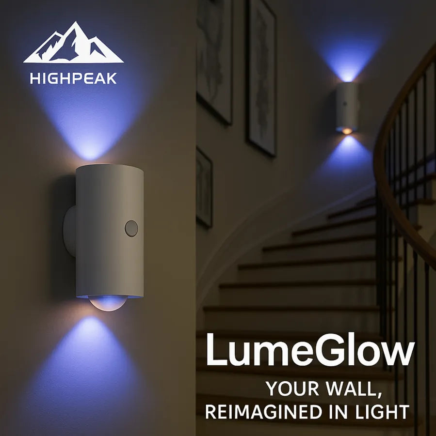 HighPeak LumeGlow motion-activated wall sconce in white casting blue light in a stairwell for ambient lighting