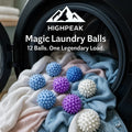 HighPeak Magic Laundry Balls set of 12 blue, purple, and white spiky balls on soft laundry in a washer drum